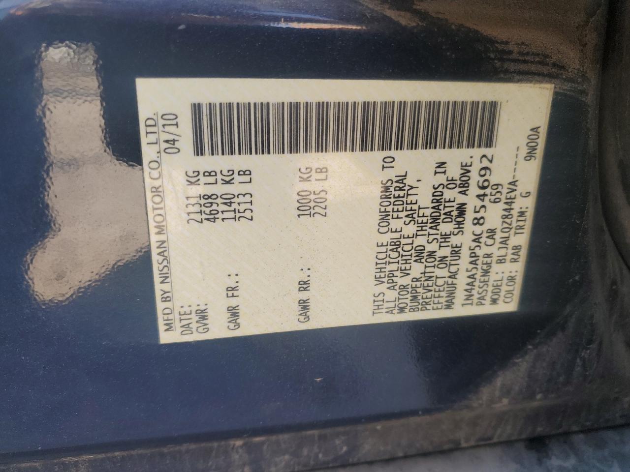 2010 Nissan Maxima S VIN: 1N4AA5AP5AC854692 Lot: 84639225