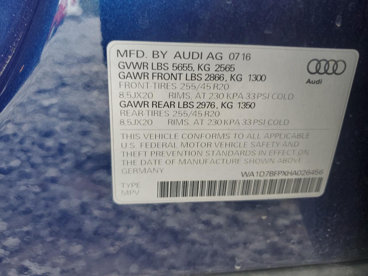 2017 Audi Q5 Premium Plus S-Line VIN: WA1D7BFPXHA026456 Lot: 81794725