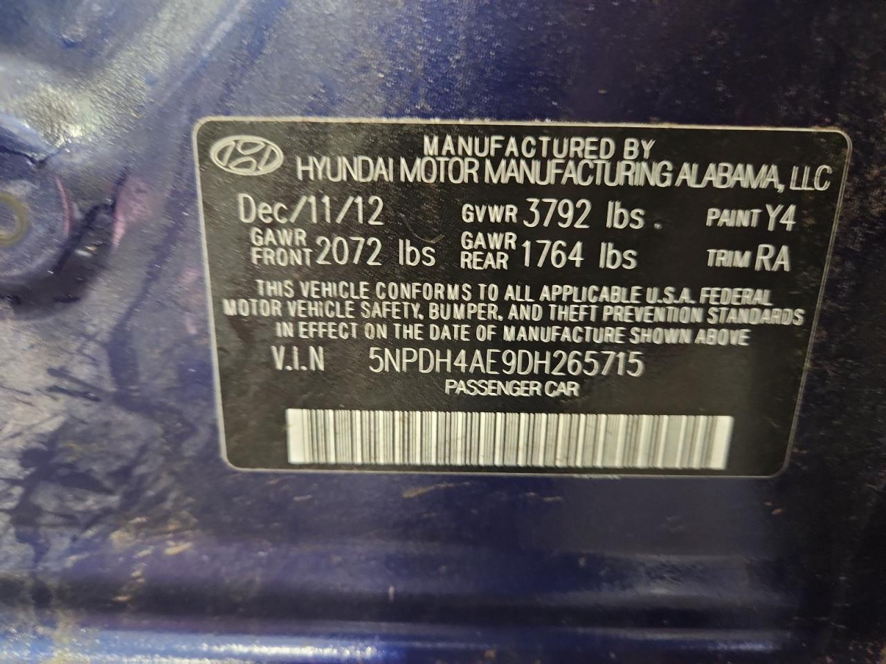 2013 Hyundai Elantra Gls VIN: 5NPDH4AE9DH265715 Lot: 71437195