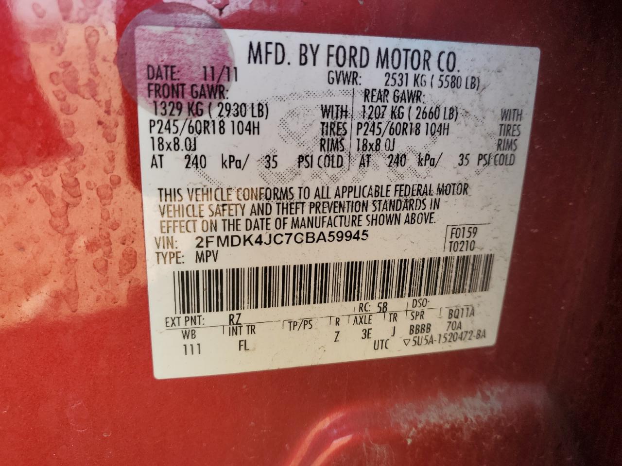 2012 Ford Edge Sel VIN: 2FMDK4JC7CBA59945 Lot: 81844445