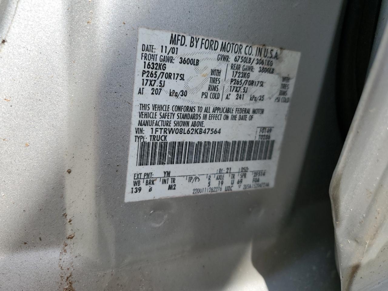 2002 Ford F150 Supercrew VIN: 1FTRW08L62KB47564 Lot: 83905385