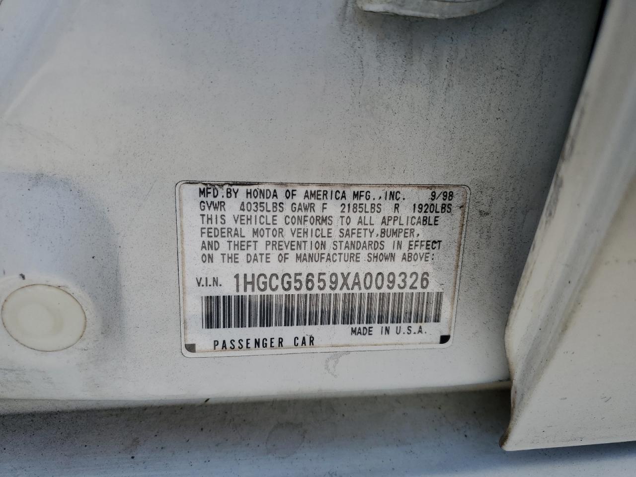 1999 Honda Accord Ex VIN: 1HGCG5659XA009326 Lot: 71411405