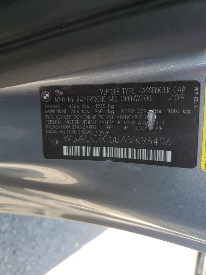 2010 BMW 135 I VIN: WBAUC7C50AVK96406 Lot: 83993195