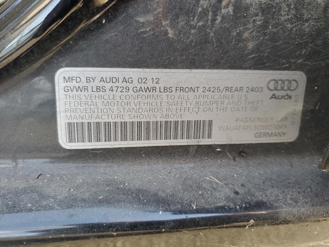 2012 Audi A4 Premium VIN: WAUAFAFL3CN021049 Lot: 84018015