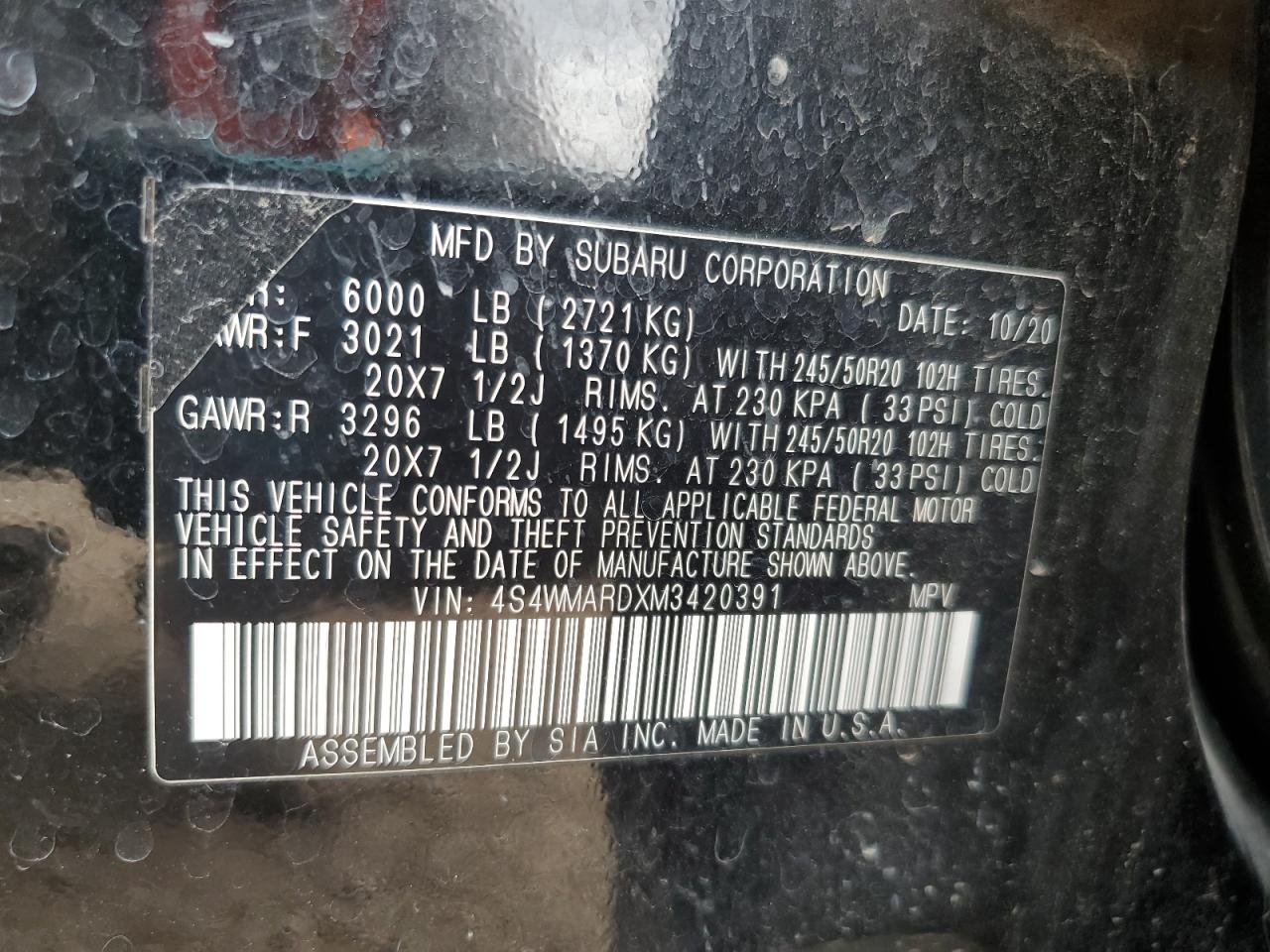 2021 Subaru Ascent Touring VIN: 4S4WMARDXM3420391 Lot: 72103015