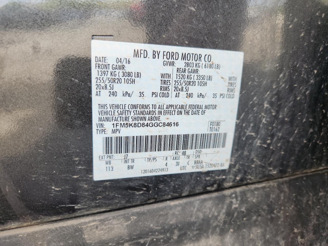 2016 Ford Explorer Xlt VIN: 1FM5K8D84GGC84616 Lot: 84570015