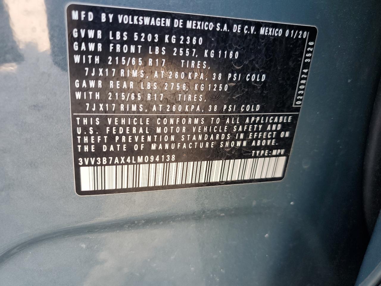 2020 Volkswagen Tiguan Se VIN: 3VV3B7AX4LM094138 Lot: 72011805