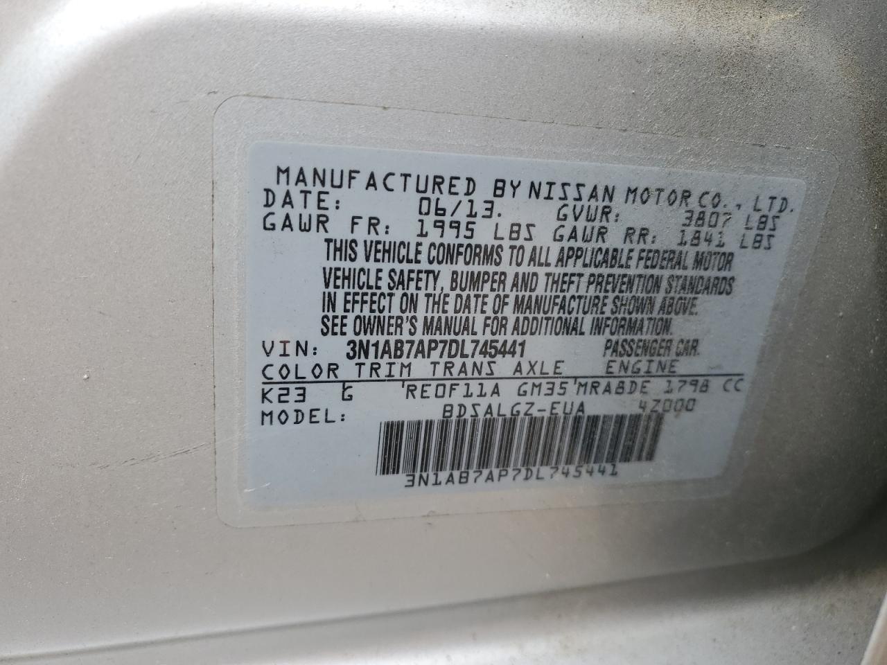 2013 Nissan Sentra S VIN: 3N1AB7AP7DL745441 Lot: 81946145