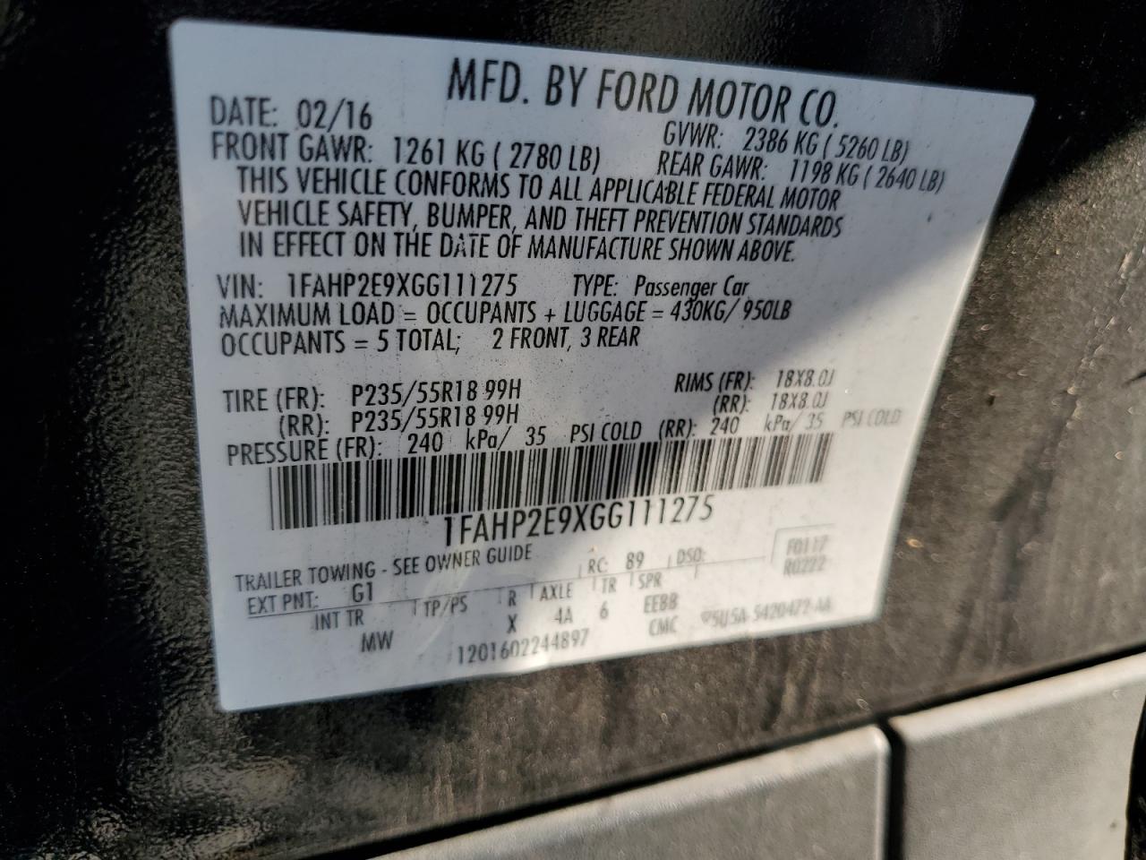 2016 Ford Taurus Sel VIN: 1FAHP2E9XGG111275 Lot: 71903195