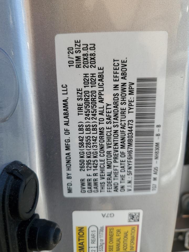 2021 Honda Pilot Touring VIN: 5FNYF6H67MB034473 Lot: 80839785