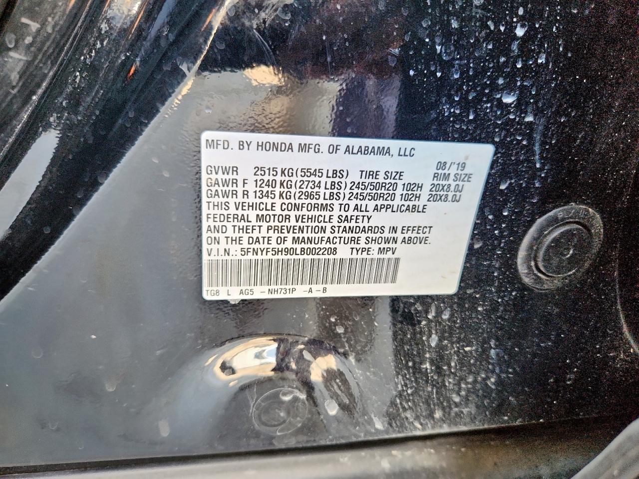 2020 Honda Pilot Touring VIN: 5FNYF5H90LB002208 Lot: 71785545
