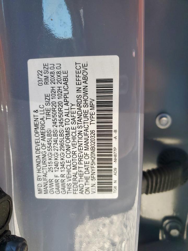 2022 Honda Pilot Se VIN: 5FNYF5H20NB020326 Lot: 81440255
