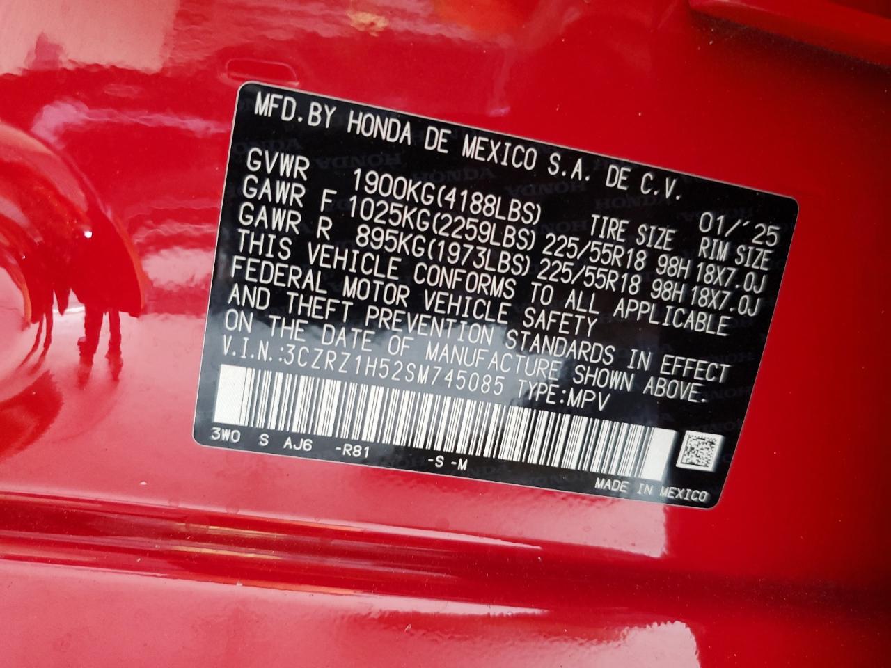 2025 Honda Hr-V Sport VIN: 3CZRZ1H52SM745085 Lot: 71596275