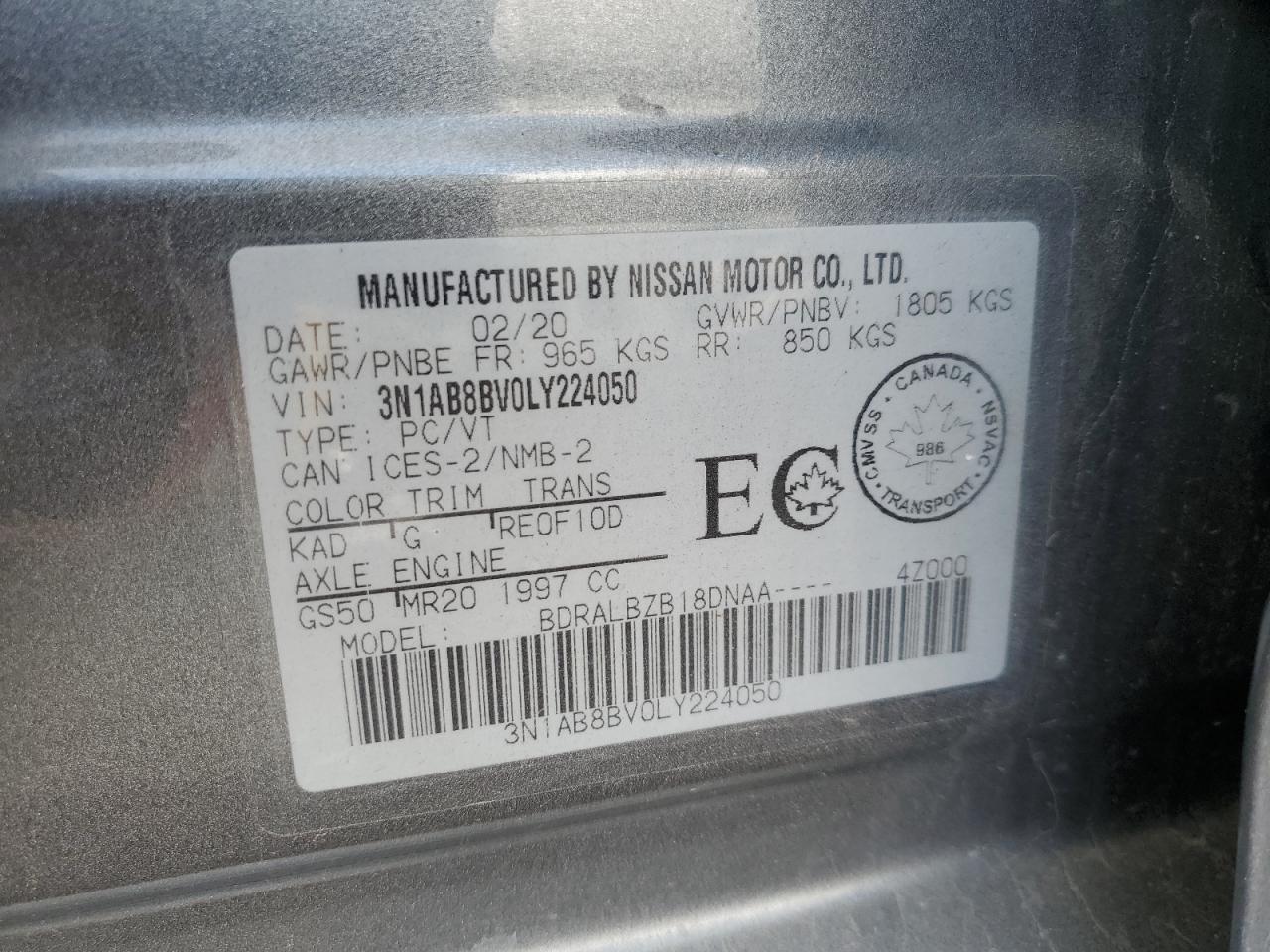 2020 Nissan Sentra S VIN: 3N1AB8BV0LY224050 Lot: 81292025