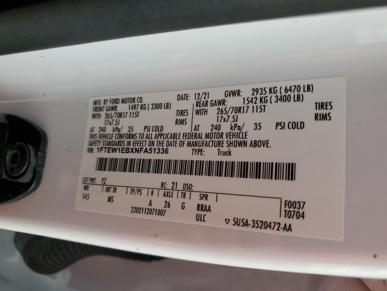 2022 Ford F150 Supercrew VIN: 1FTEW1EBXNFA51336 Lot: 81211145