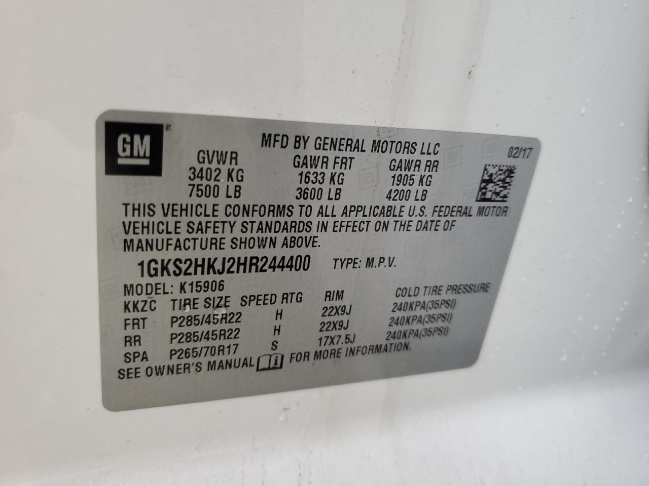 2017 GMC Yukon Xl Denali VIN: 1GKS2HKJ2HR244400 Lot: 80612595