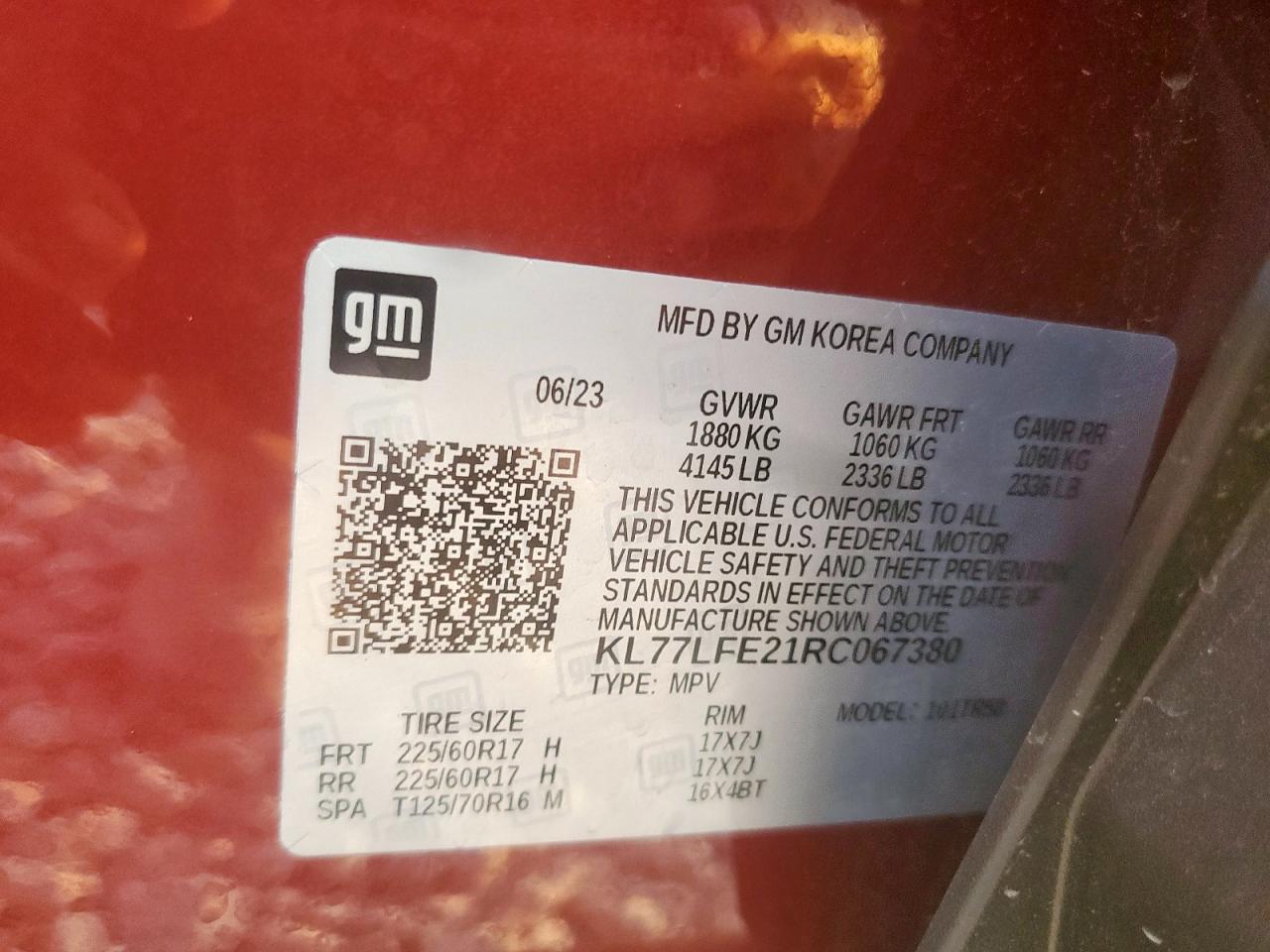 2024 Chevrolet Trax Ls VIN: KL77LFE21RC067380 Lot: 80705725