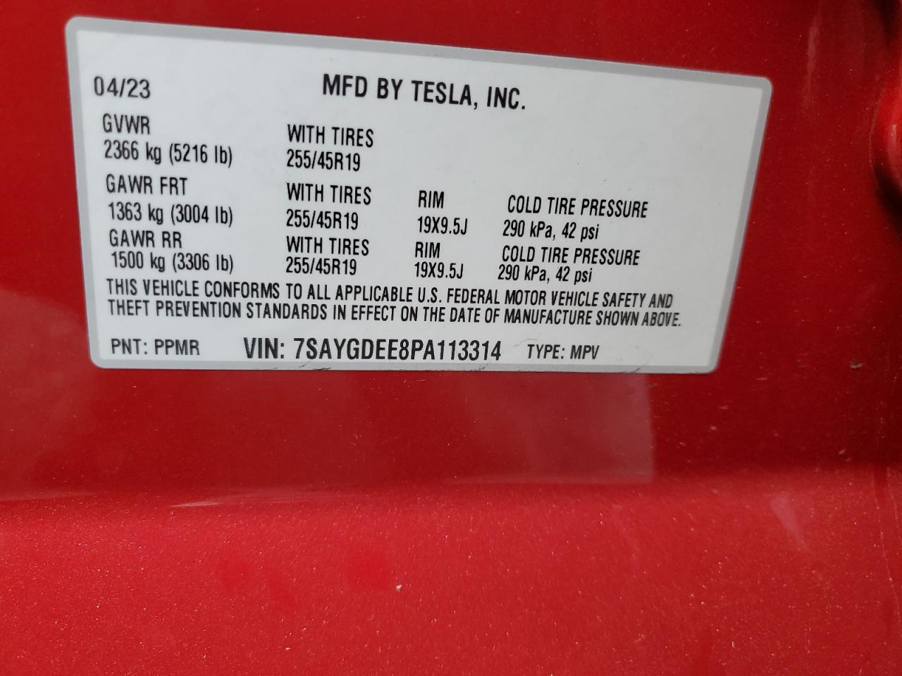 2023 Tesla Model Y VIN: 7SAYGDEE8PA113314 Lot: 80321355