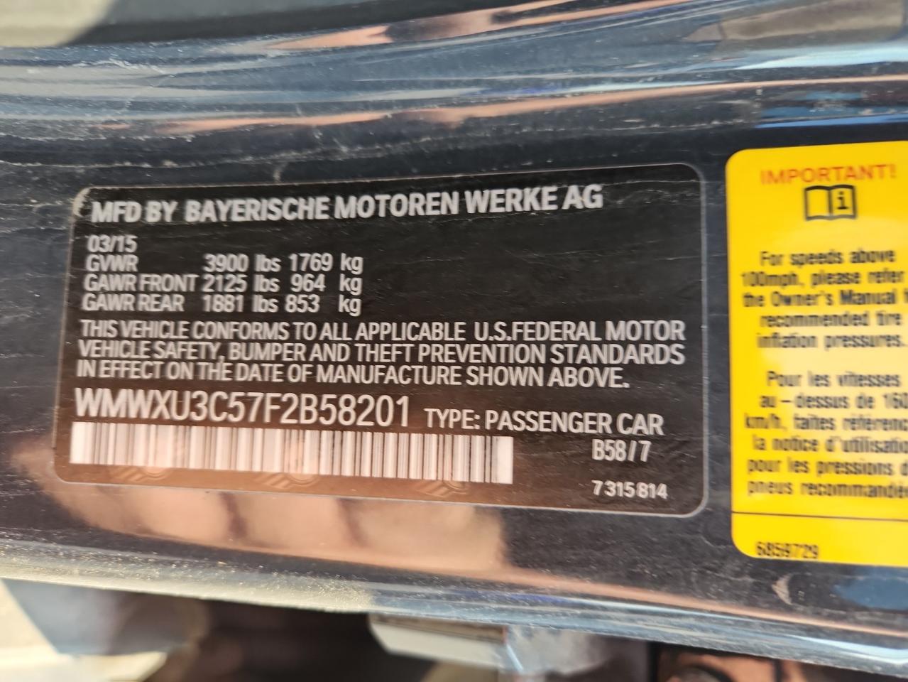 2015 Mini Cooper S VIN: WMWXU3C57F2B58201 Lot: 71671305