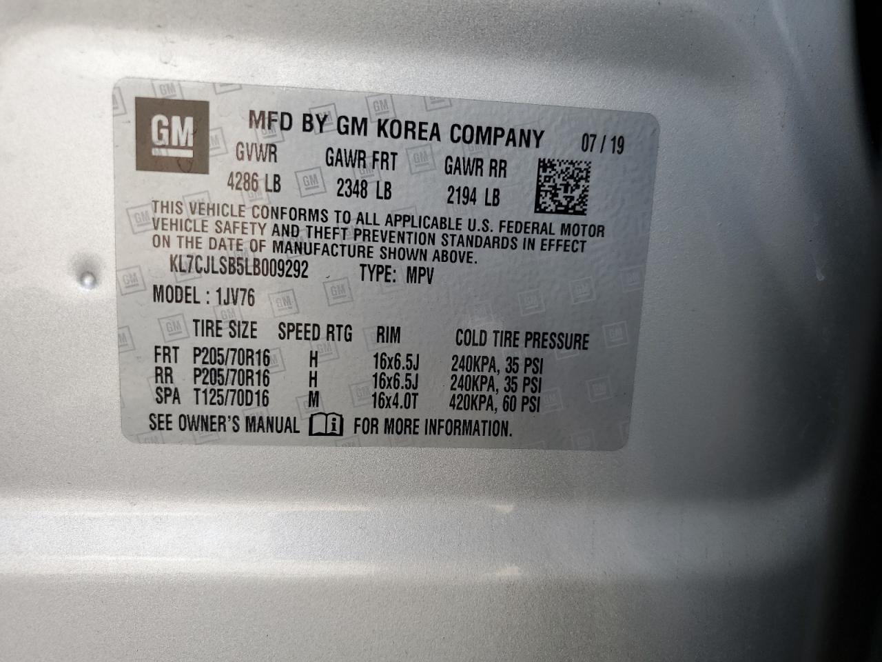 2020 Chevrolet Trax 1Lt VIN: KL7CJLSB5LB009292 Lot: 81718055