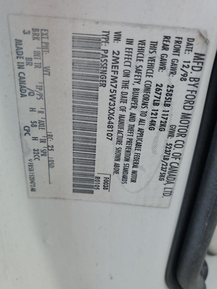 1999 Mercury Grand Marquis Ls VIN: 2MEFM75W3XX648107 Lot: 81845405