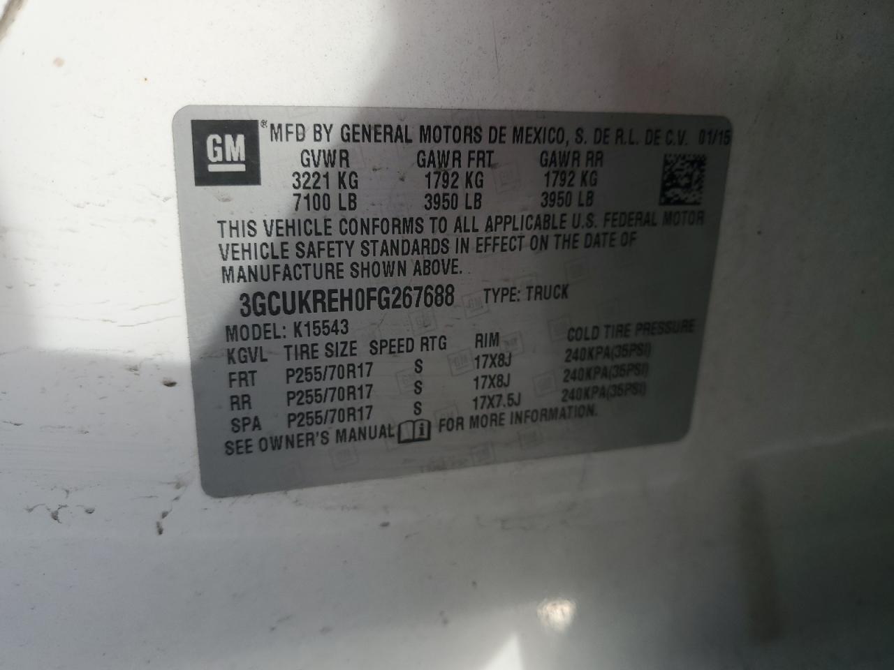 2015 Chevrolet Silverado K1500 Lt VIN: 3GCUKREH0FG267688 Lot: 84227585