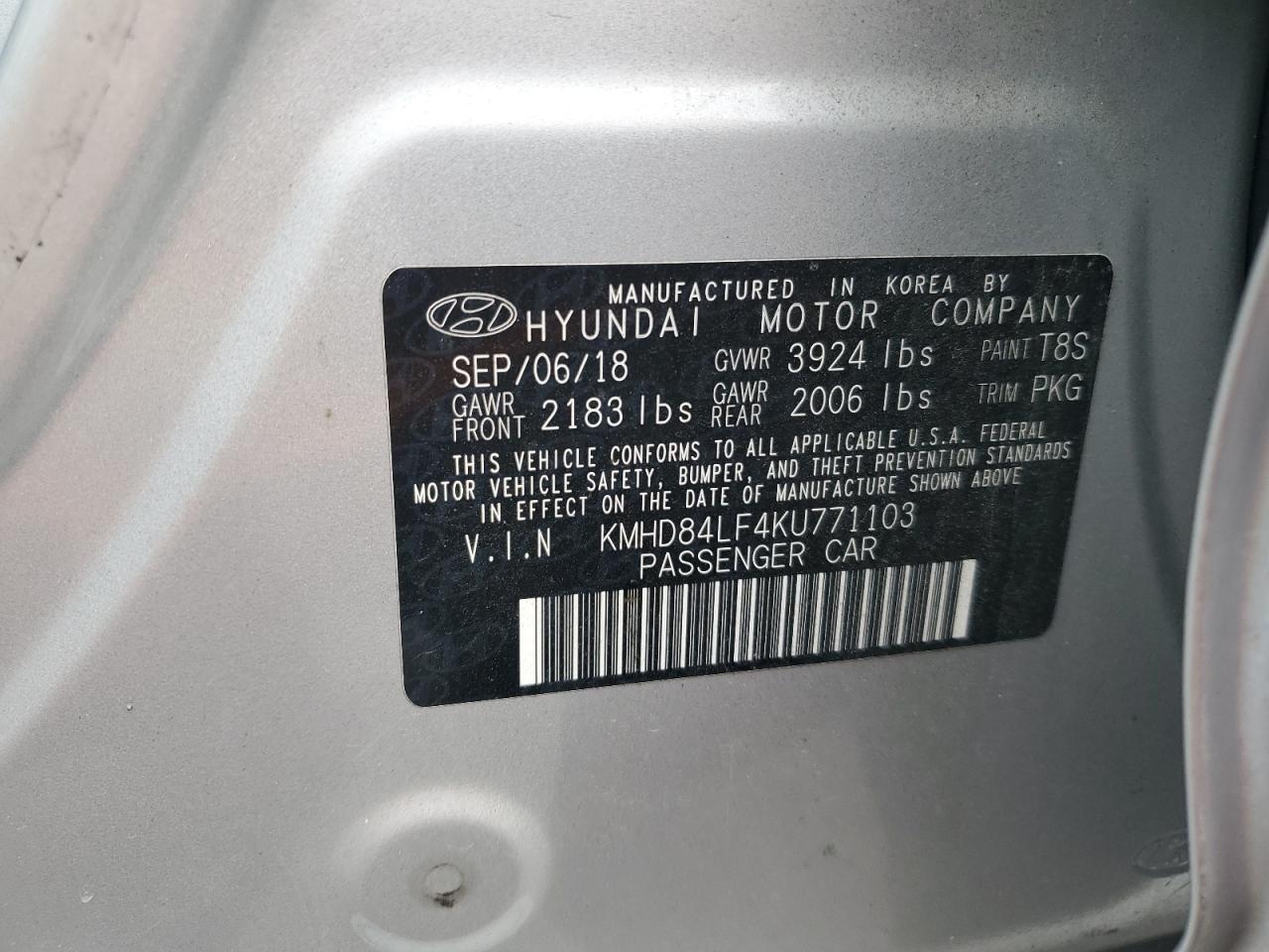 2019 Hyundai Elantra Sel VIN: KMHD84LF4KU771103 Lot: 81858665