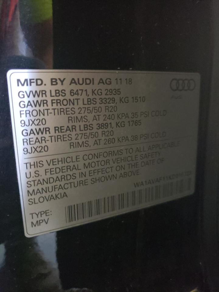 2019 Audi Q8 Premium VIN: WA1AVAF11KD016323 Lot: 71202425