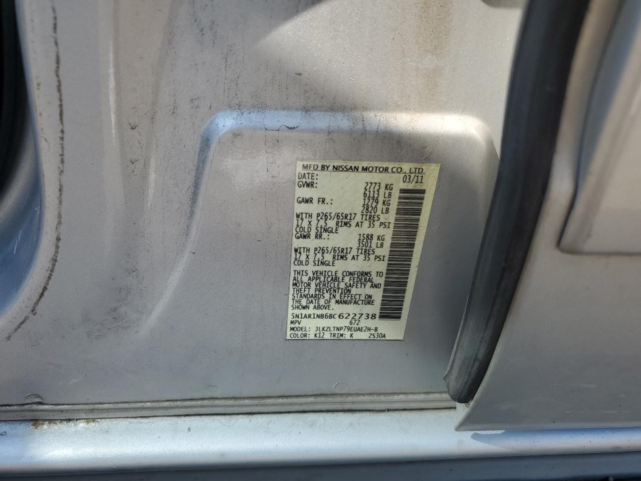 2011 Nissan Pathfinder S VIN: 5N1AR1NB6BC622738 Lot: 80439415
