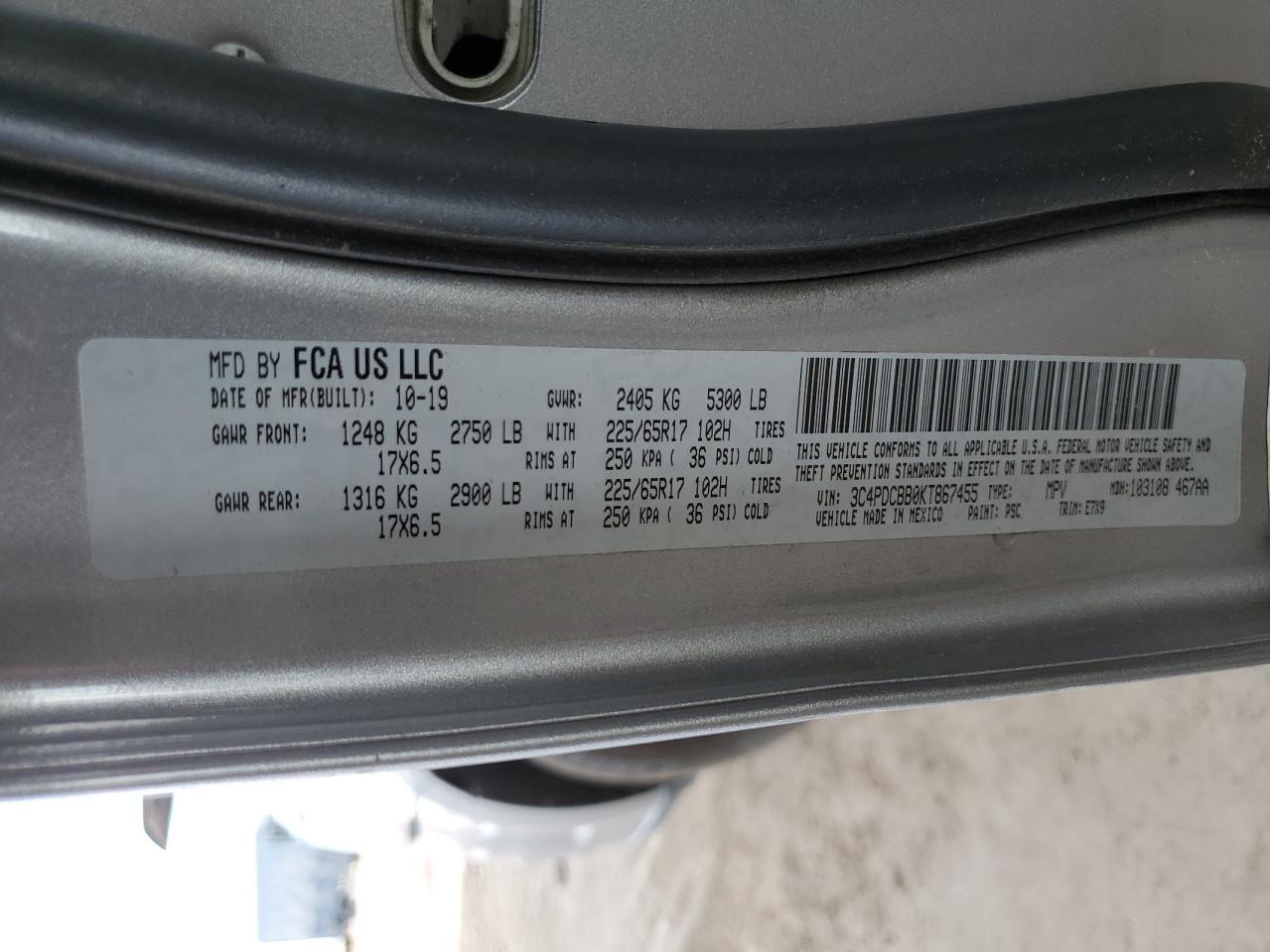 2019 Dodge Journey Se VIN: 3C4PDCBB0KT867455 Lot: 81263115