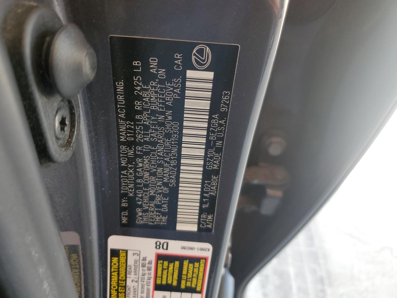 2022 Lexus Es 350 Base VIN: 58ADZ1B13NU119300 Lot: 80743275