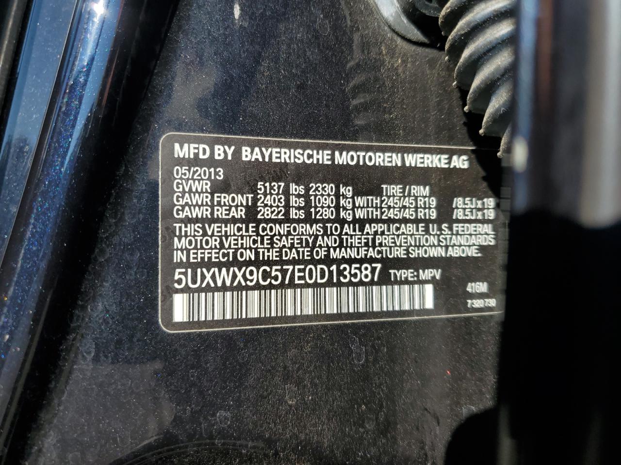 2014 BMW X3 xDrive28I VIN: 5UXWX9C57E0D13587 Lot: 82025055