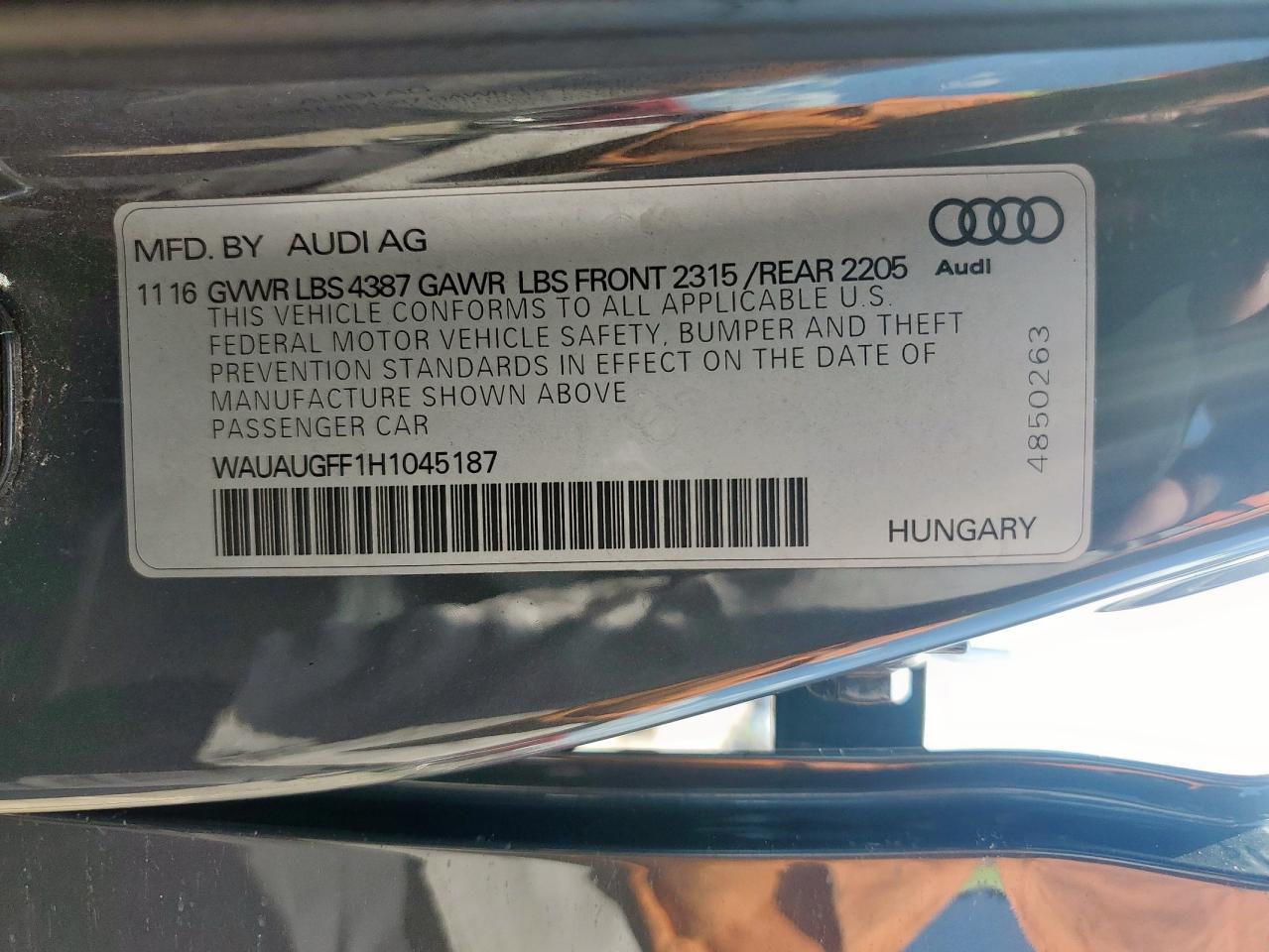 2017 Audi A3 Premium VIN: WAUAUGFF1H1045187 Lot: 71350635