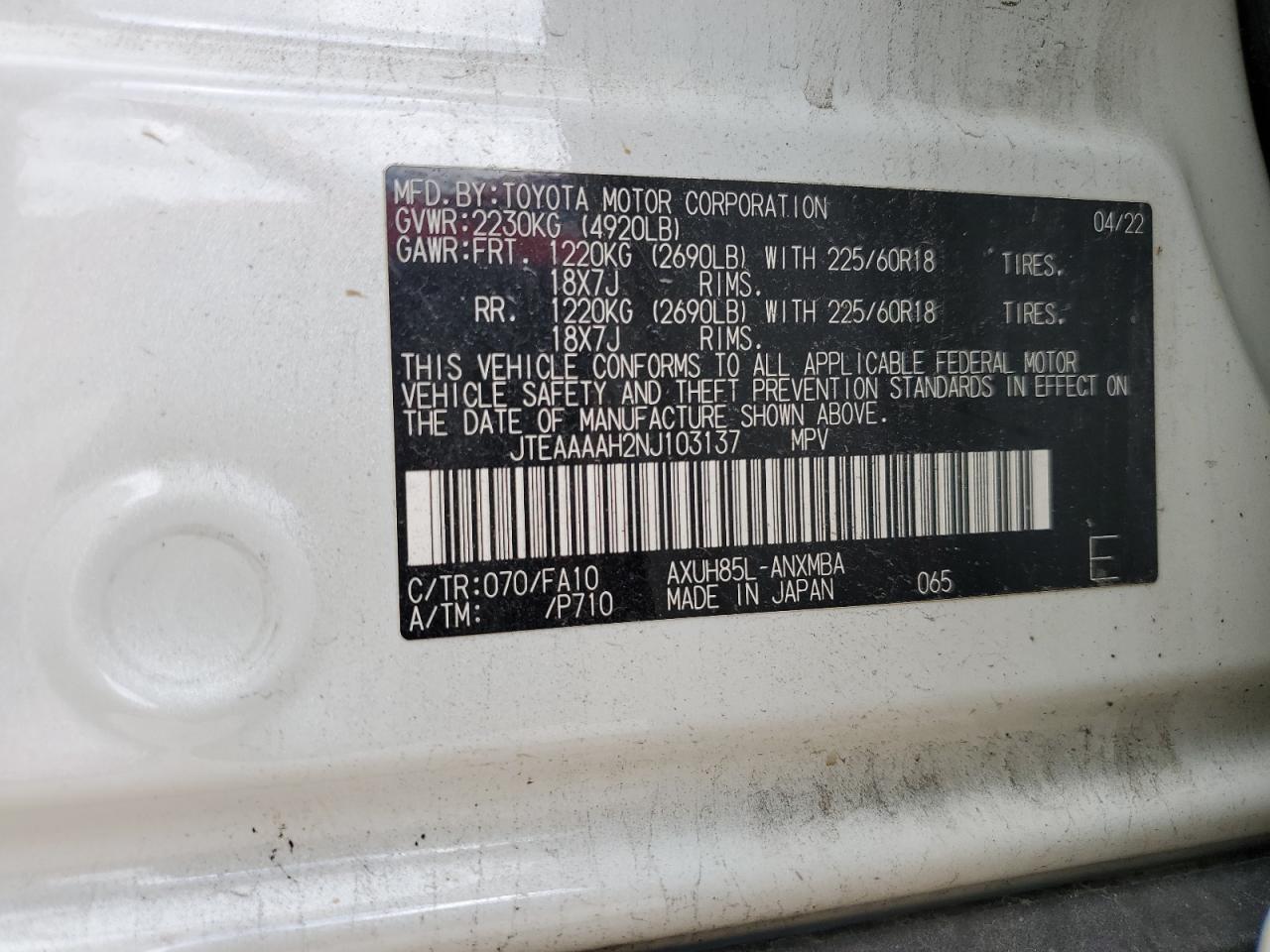 2022 Toyota Venza Le VIN: JTEAAAAH2NJ103137 Lot: 71312725