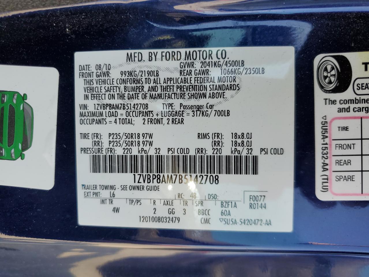 2011 Ford Mustang VIN: 1ZVBP8AM7B5142708 Lot: 80158205
