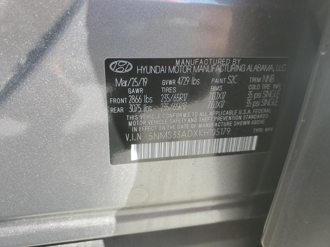 2019 Hyundai Santa Fe Sel VIN: 5NMS33ADXKH105179 Lot: 84300005