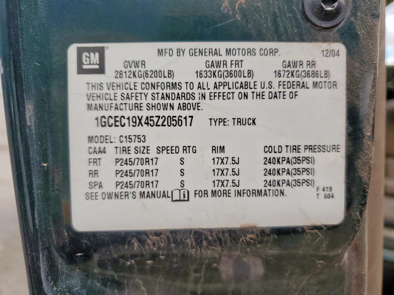 2005 Chevrolet Silverado C1500 VIN: 1GCEC19X45Z205617 Lot: 80841085