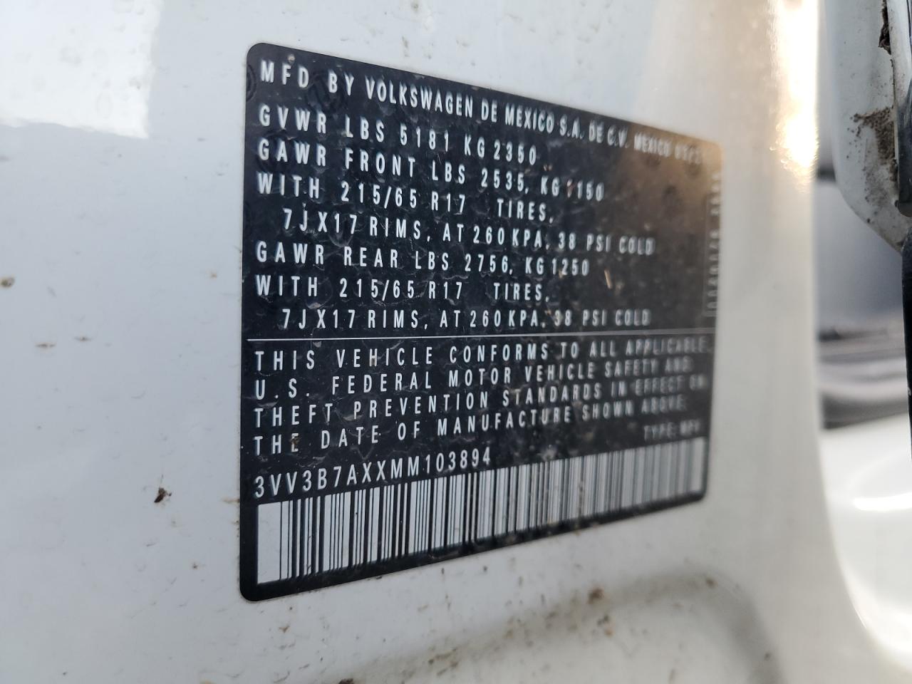 2021 Volkswagen Tiguan Se VIN: 3VV3B7AXXMM103894 Lot: 81894965