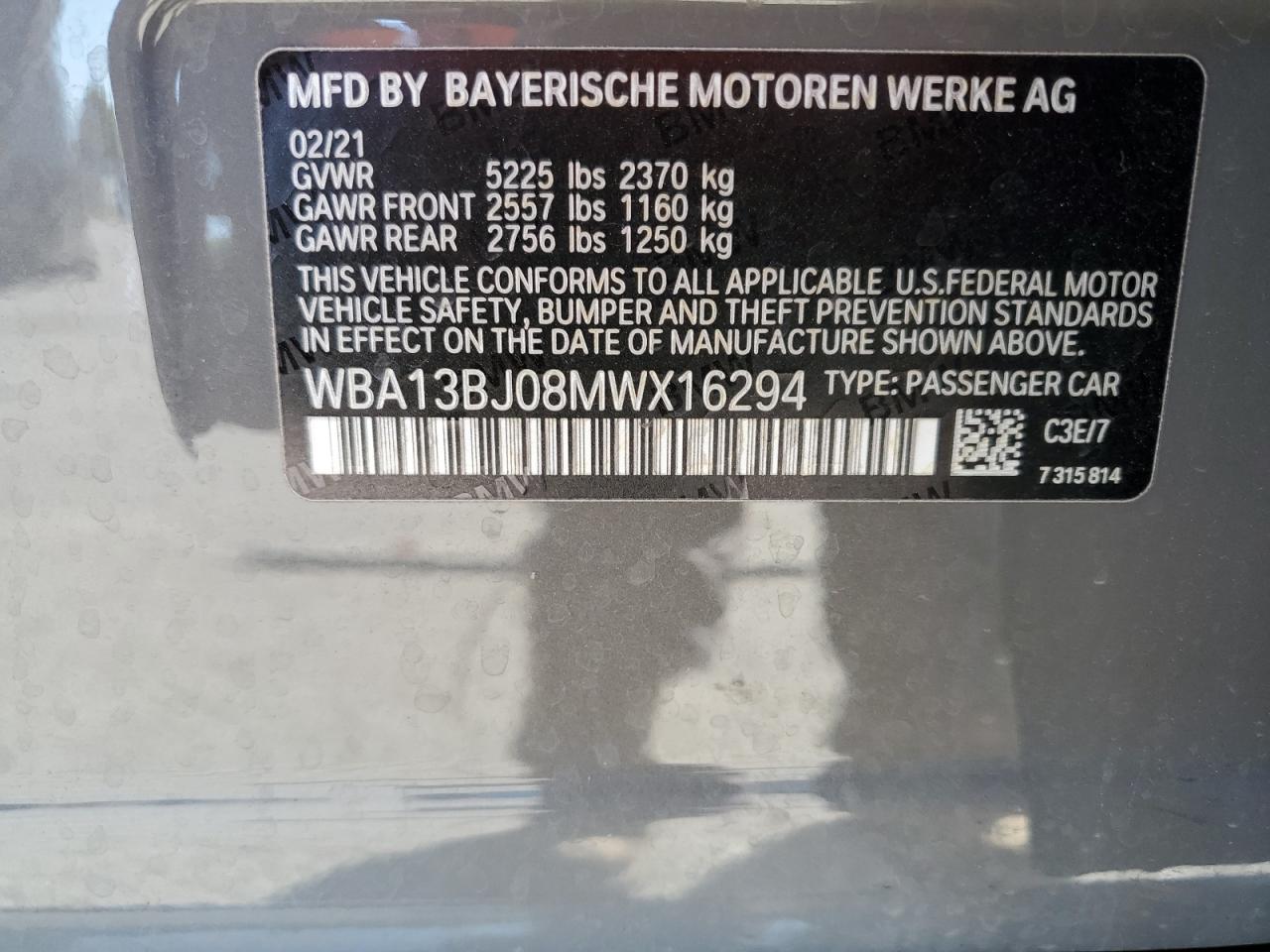 2021 BMW 530 Xi VIN: WBA13BJ08MWX16294 Lot: 80865675
