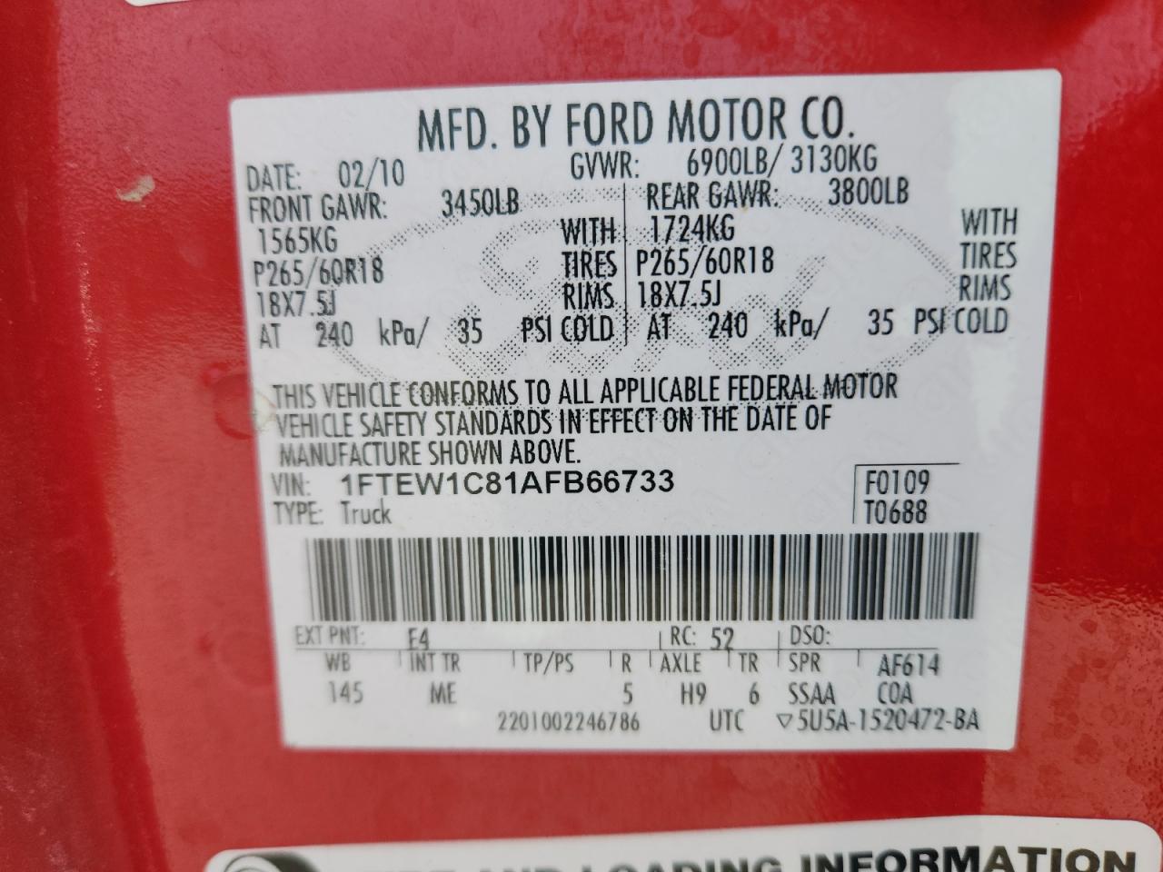 2010 Ford F150 Supercrew VIN: 1FTEW1C81AFB66733 Lot: 80113465