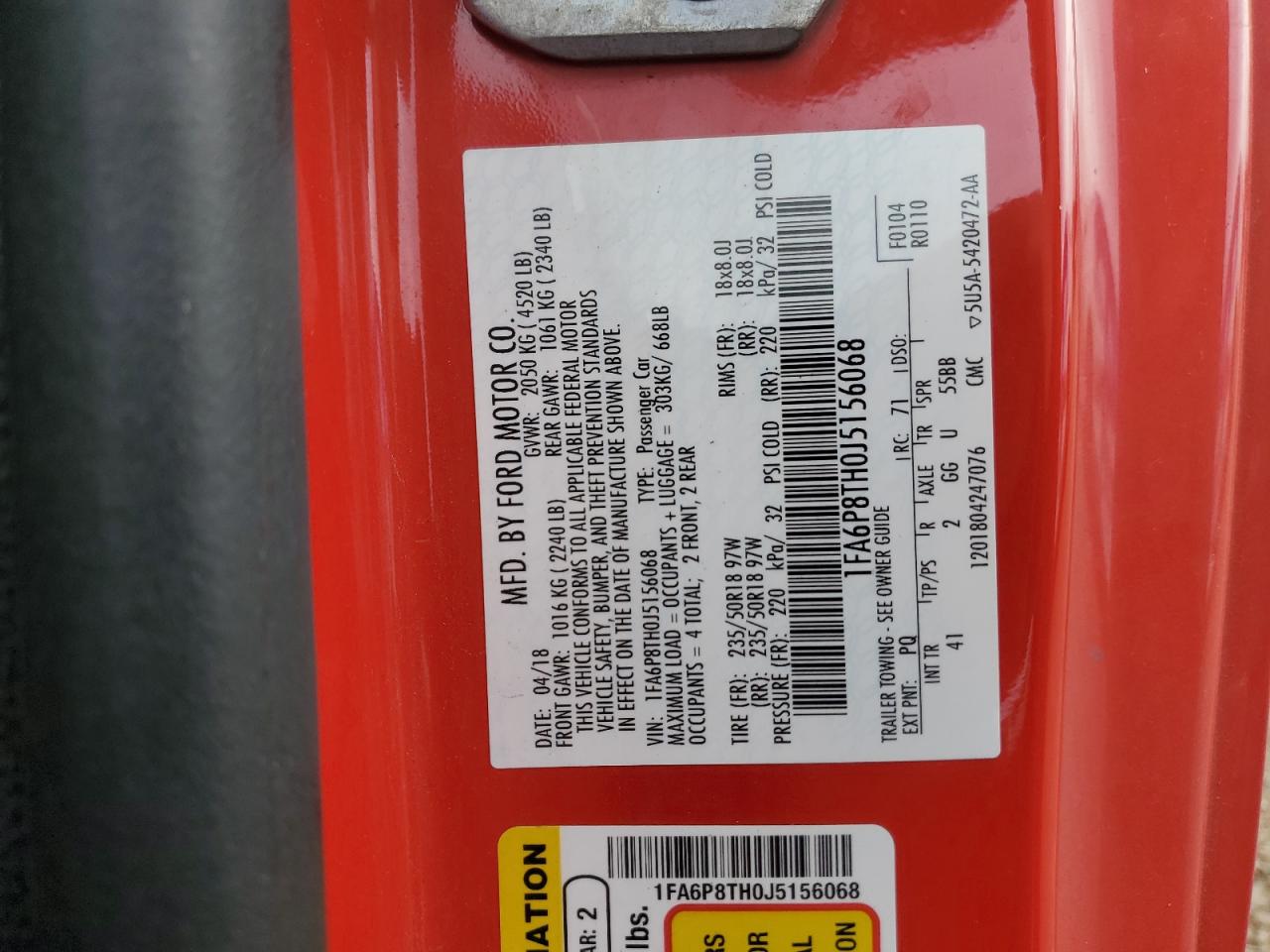 2018 Ford Mustang VIN: 1FA6P8TH0J5156068 Lot: 81746625