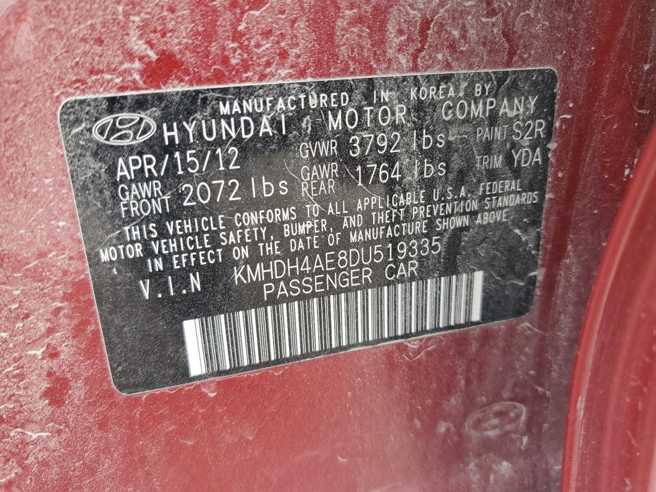 2013 Hyundai Elantra Gls VIN: KMHDH4AE8DU519335 Lot: 72065735