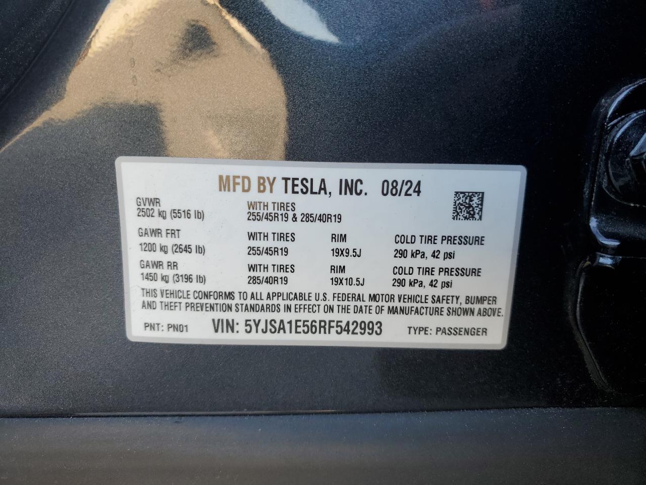 2024 Tesla Model S VIN: 5YJSA1E56RF542993 Lot: 70690585