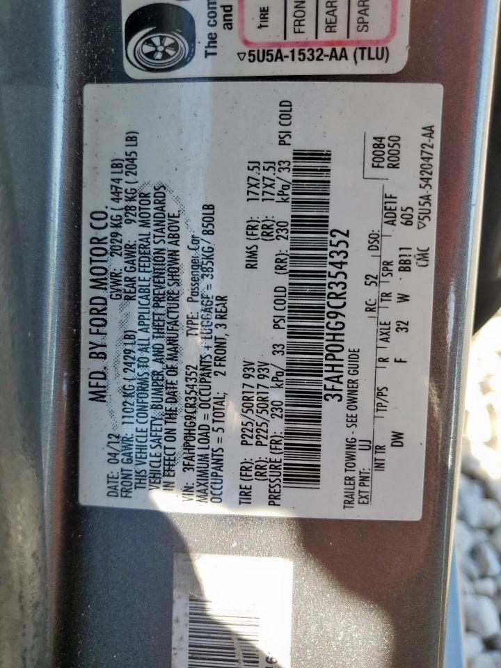 2012 Ford Fusion Se VIN: 3FAHP0HG9CR354352 Lot: 84398115