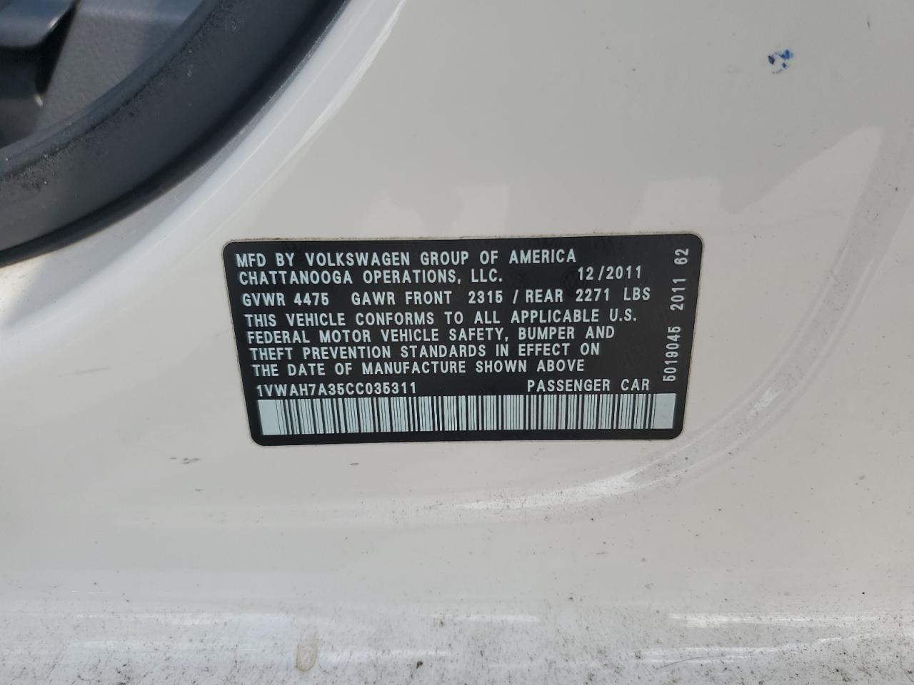 2012 Volkswagen Passat S VIN: 1VWAH7A35CC035311 Lot: 82134345