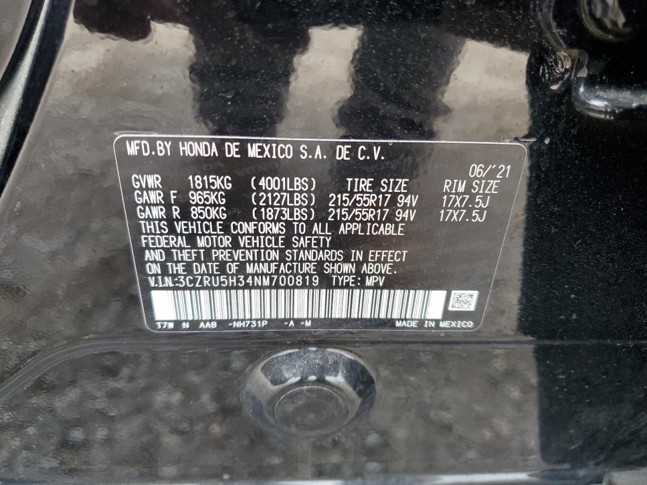 2022 Honda Hr-V Lx VIN: 3CZRU5H34NM700819 Lot: 80448295