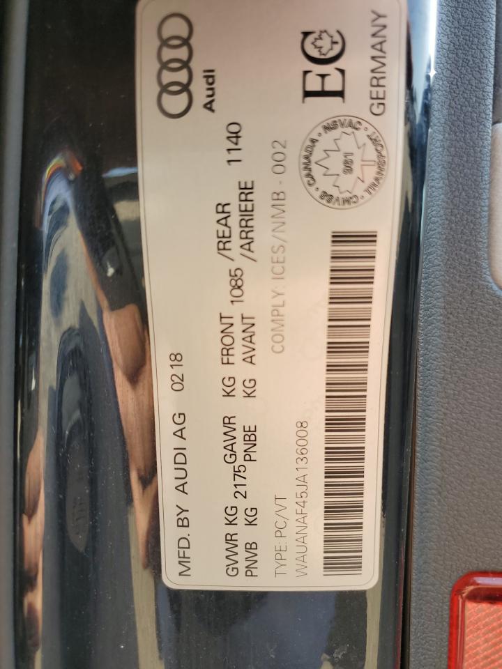 2018 Audi A4 Komfort VIN: WAUANAF45JA136008 Lot: 70957575