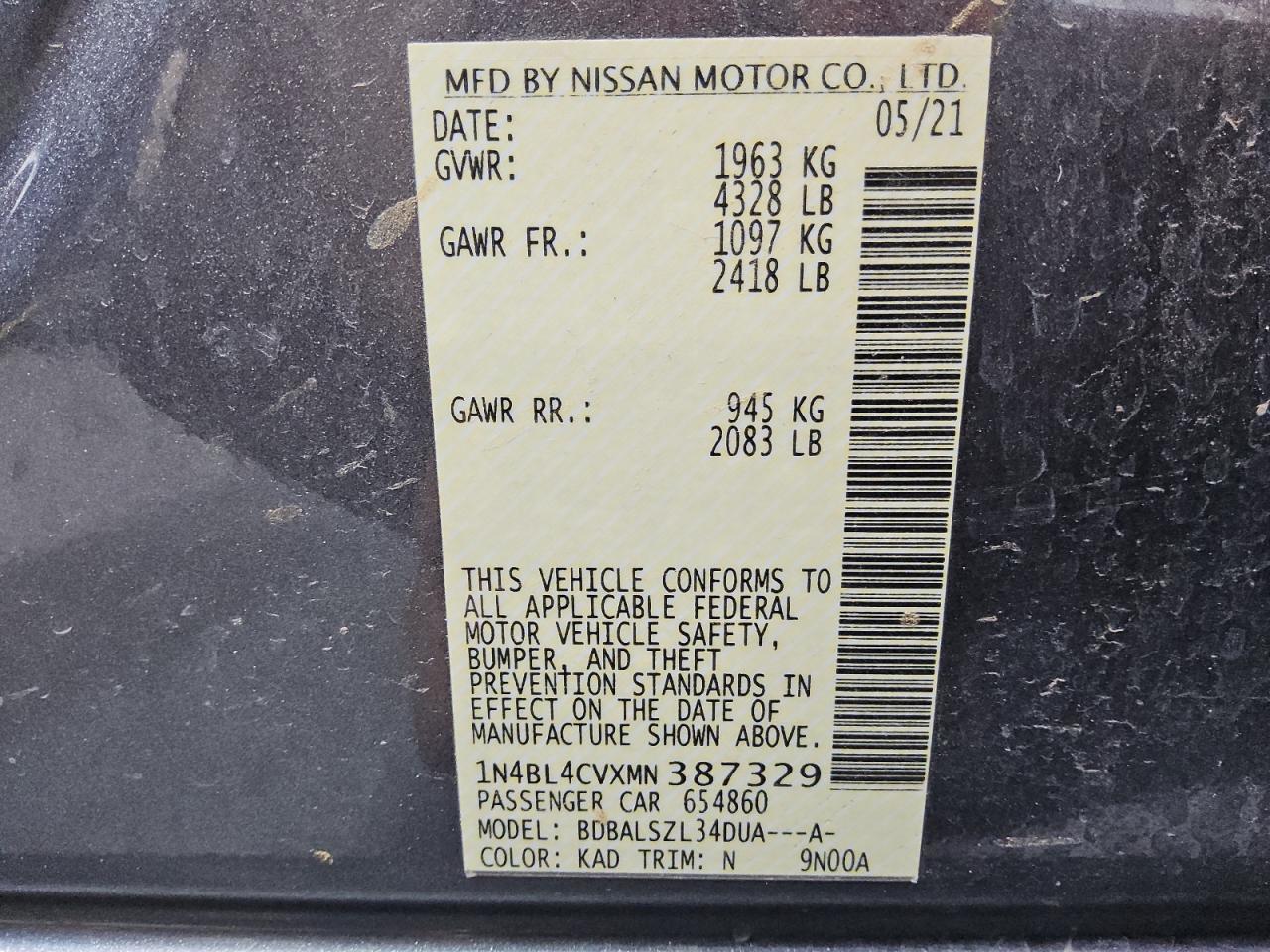 2021 Nissan Altima Sr VIN: 1N4BL4CVXMN387329 Lot: 81002045