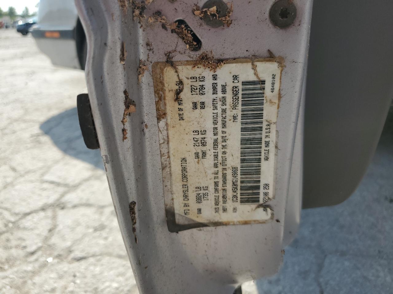 1991 Chrysler Lebaron VIN: 1C3XJ45K0MG149068 Lot: 80796665