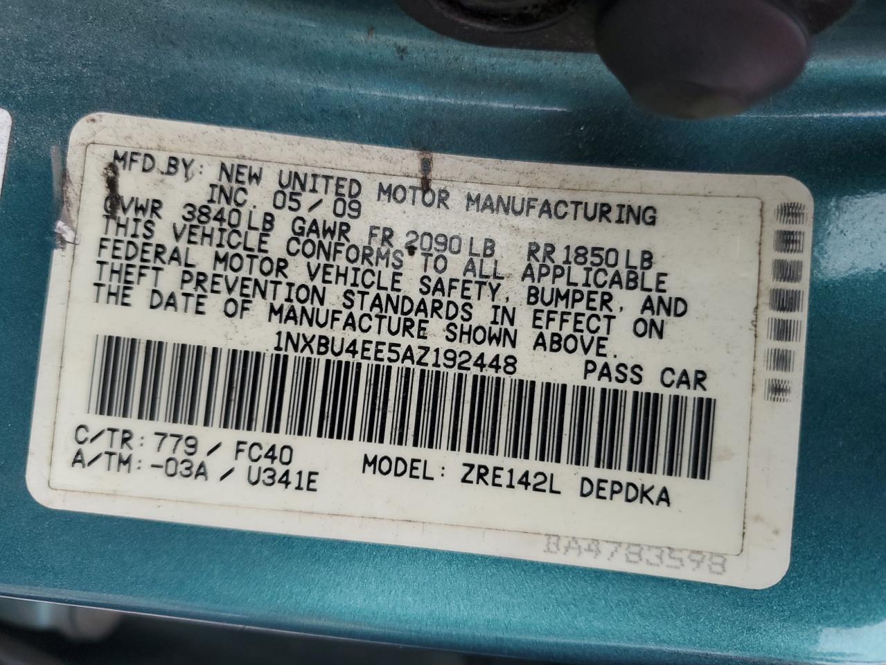 2010 Toyota Corolla Base VIN: 1NXBU4EE5AZ192448 Lot: 84864515